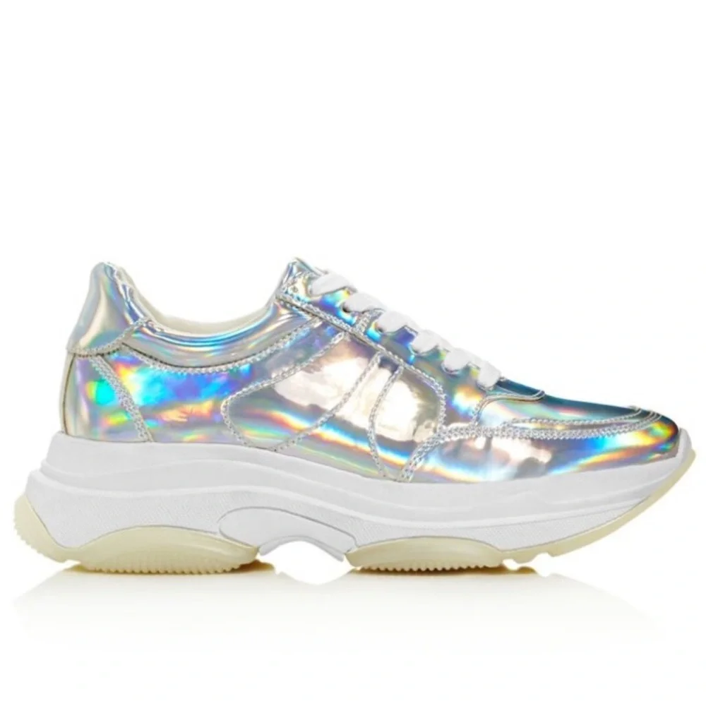 AQUA brand new Womens Iridescent Silver Mixed Media athletic Sneakers Shoes #18